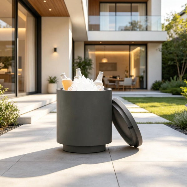 English Elm Small Concrete Finish Outdoor Side Table with Stainless Steel Ice Bucket for Patio Poolside T3971P541162