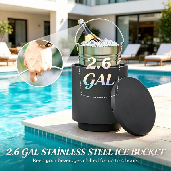 English Elm Small Concrete Finish Outdoor Side Table with Stainless Steel Ice Bucket for Patio Poolside T3971P541162