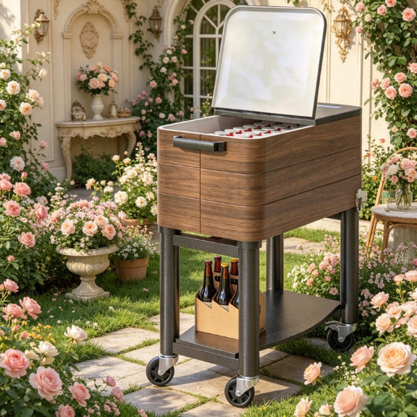 English Elm Rolling Insulated Cooler Cart with Locking Wheels Holds 60 Cans for Patio Gatherings T3971P541195
