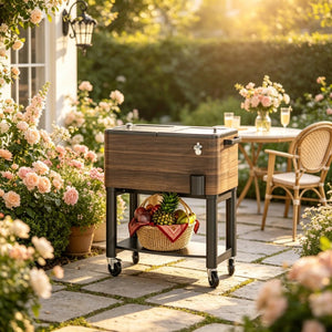 English Elm Rolling Insulated Cooler Cart with Locking Wheels Holds 60 Cans for Patio Gatherings T3971P541195