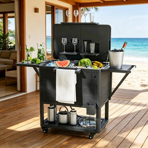 English Elm Mobile Outdoor Cooler Cart with 104 Qt Capacity Lockable Casters and Folding Side Tables Black T3971P541203