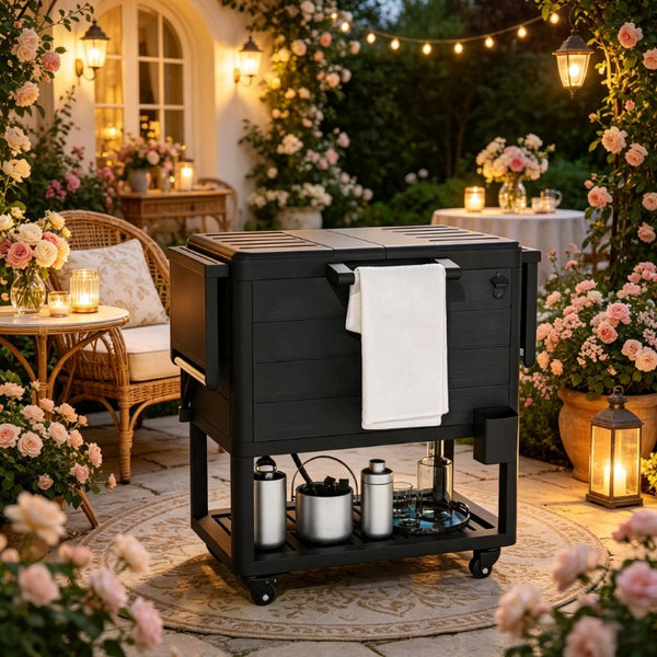 English Elm Mobile Outdoor Cooler Cart with 104 Qt Capacity Lockable Casters and Folding Side Tables Black T3971P541203