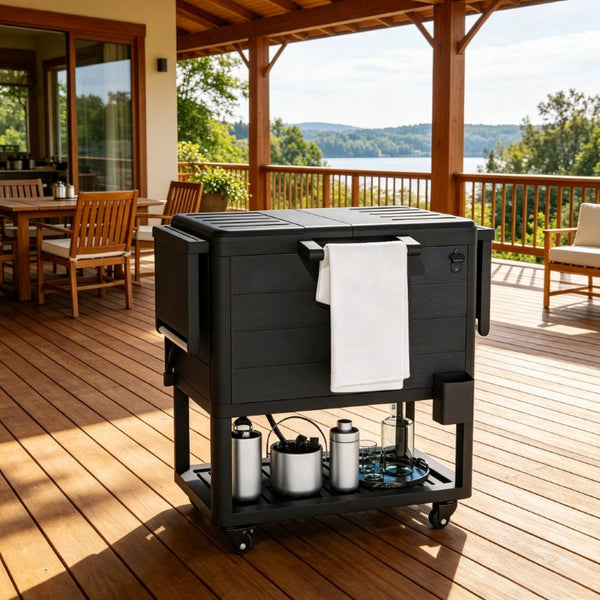 English Elm Mobile Outdoor Cooler Cart with 104 Qt Capacity Lockable Casters and Folding Side Tables Black T3971P541203