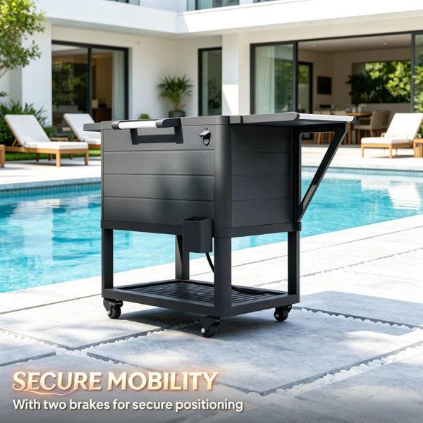English Elm Mobile Outdoor Cooler Cart with 104 Qt Capacity Lockable Casters and Folding Side Tables Black T3971P541203