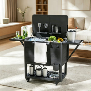 English Elm Mobile Outdoor Cooler Cart with 104 Qt Capacity Lockable Casters and Folding Side Tables Black T3971P541203