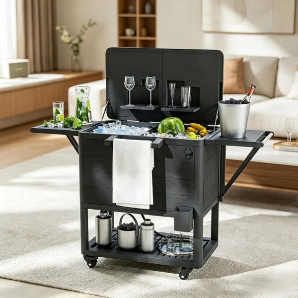 English Elm Mobile Outdoor Cooler Cart with 104 Qt Capacity Lockable Casters and Folding Side Tables Black T3971P541203