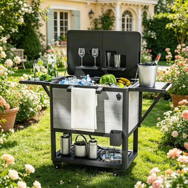 English Elm Mobile Outdoor Cooler Cart with 104 Qt Capacity Lockable Casters and Folding Side Tables Black + Gray T3971P541223