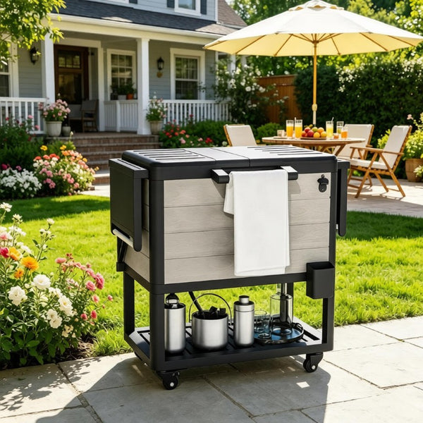 English Elm Mobile Outdoor Cooler Cart with 104 Qt Capacity Lockable Casters and Folding Side Tables Black + Gray T3971P541223