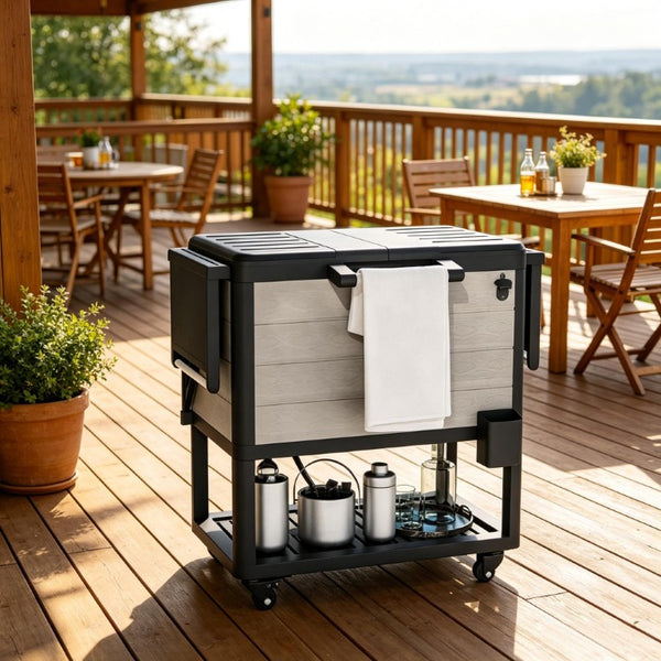English Elm Mobile Outdoor Cooler Cart with 104 Qt Capacity Lockable Casters and Folding Side Tables Black + Gray T3971P541223