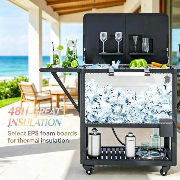 English Elm Mobile Outdoor Cooler Cart with 104 Qt Capacity Lockable Casters and Folding Side Tables Black + Gray T3971P541223