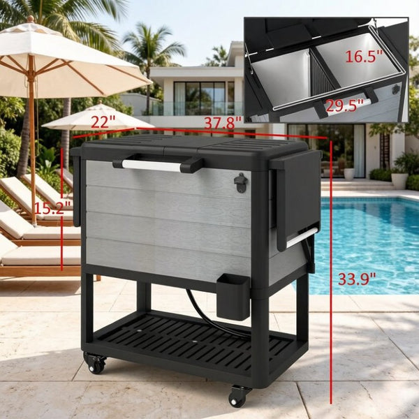 English Elm Mobile Outdoor Cooler Cart with 104 Qt Capacity Lockable Casters and Folding Side Tables Black + Gray T3971P541223