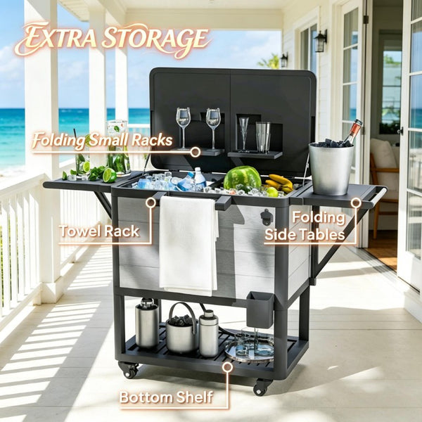 English Elm Mobile Outdoor Cooler Cart with 104 Qt Capacity Lockable Casters and Folding Side Tables Black + Gray T3971P541223