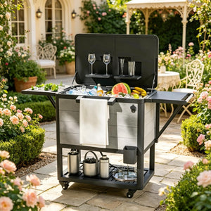 English Elm Mobile Outdoor Cooler Cart with 104 Qt Capacity Lockable Casters and Folding Side Tables Black + Gray T3971P541223