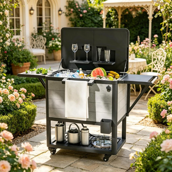 English Elm Mobile Outdoor Cooler Cart with 104 Qt Capacity Lockable Casters and Folding Side Tables Black + Gray T3971P541223