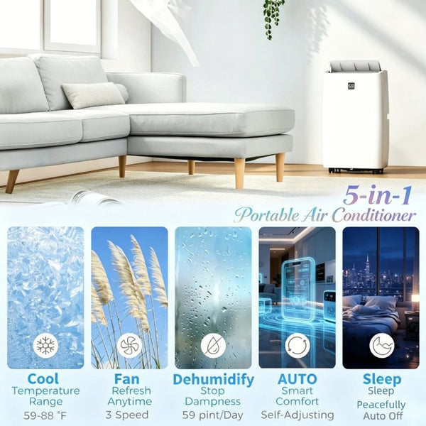English Elm 5-In-1 Portable Air Conditioner 14000 BTU Smart Cooling Unit for Rooms up to 700 Sq Ft T3971P541236