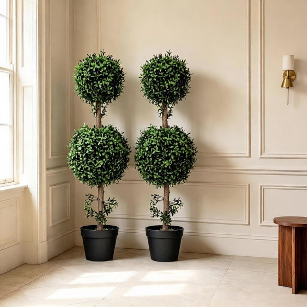 English Elm Stylish Faux Boxwood Double Ball Topiary Trees Set of Two for Entryway Decor T3971P543910