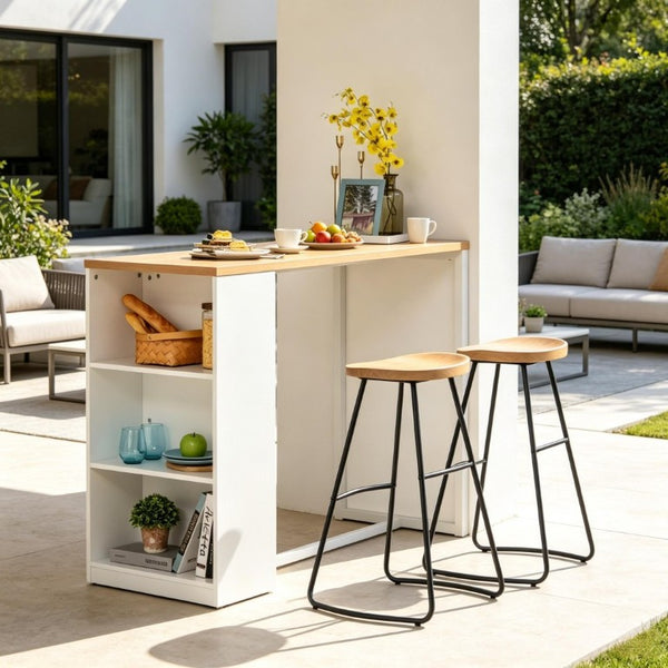 English Elm Modern High Top Bar Table with Three Tier Side Shelving in Two Tone Wood Finish T3971P545579