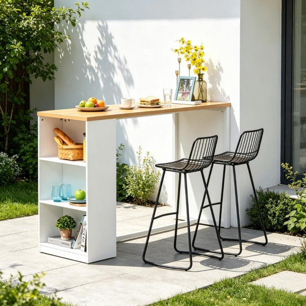 English Elm Modern High Top Bar Table with Three Tier Side Shelving in Two Tone Wood Finish T3971P545579
