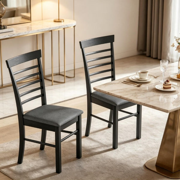 English Elm Modern Ladder Back Dining Chairs Set of 2 Rubberwood Frame Linen Upholstered Seats T3971P545620