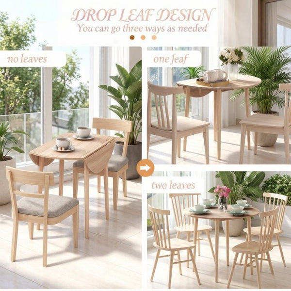 English Elm Multi-Function Drop Leaf Round Dining Table Oak Wood Grain Seats Four Small Space T3971P545667