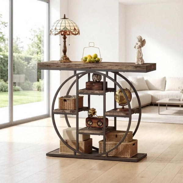 English Elm Chic Industrial Console Table Six Open Shelves Steel Frame Rustic Oak Entryway T3971P545733