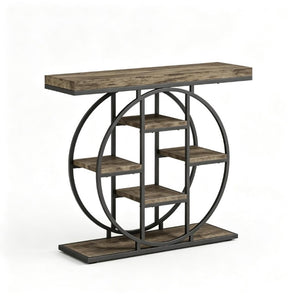 English Elm Chic Industrial Console Table Six Open Shelves Steel Frame Rustic Oak Entryway T3971P545733