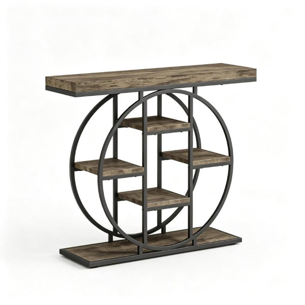 English Elm Chic Industrial Console Table Six Open Shelves Steel Frame Rustic Oak Entryway T3971P545733