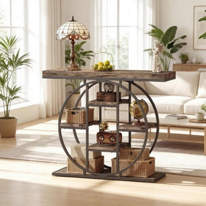 English Elm Chic Industrial Console Table Six Open Shelves Steel Frame Rustic Oak Entryway T3971P545733