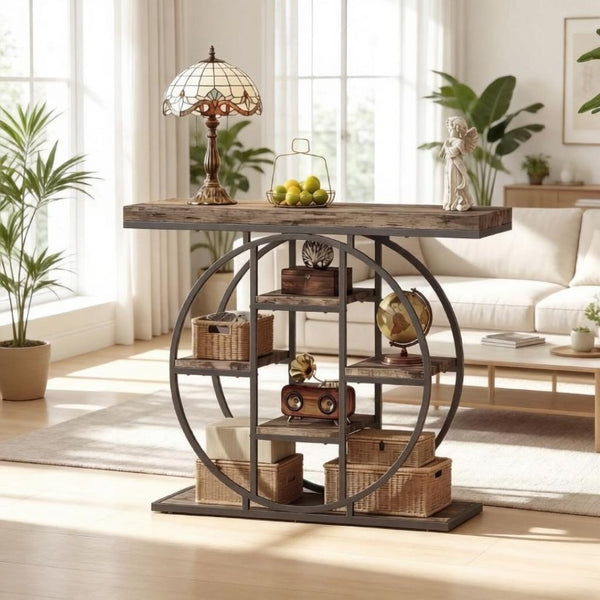 English Elm Chic Industrial Console Table Six Open Shelves Steel Frame Rustic Oak Entryway T3971P545733