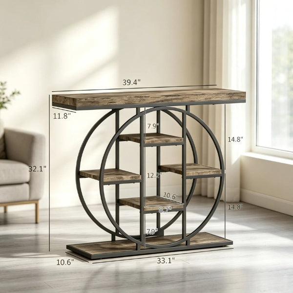 English Elm Chic Industrial Console Table Six Open Shelves Steel Frame Rustic Oak Entryway T3971P545733