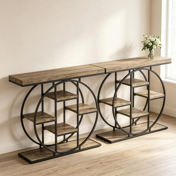English Elm Chic Industrial Console Table Six Open Shelves Steel Frame Rustic Oak Entryway T3971P545733