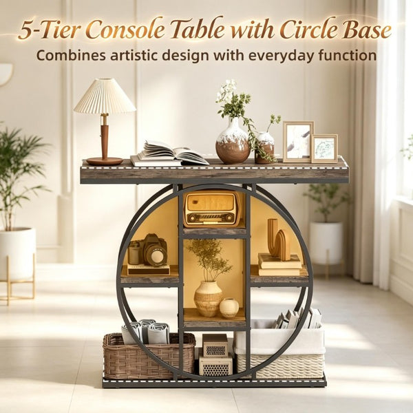 English Elm Chic Industrial Console Table Six Open Shelves Steel Frame Rustic Oak Entryway T3971P545733