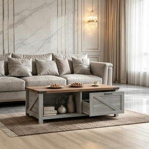 English Elm Functional Farmhouse Coffee Table with Drawer and Open Shelves for Living Room T3971P545783