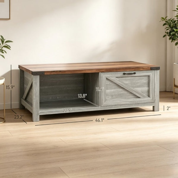 English Elm Functional Farmhouse Coffee Table with Drawer and Open Shelves for Living Room T3971P545783
