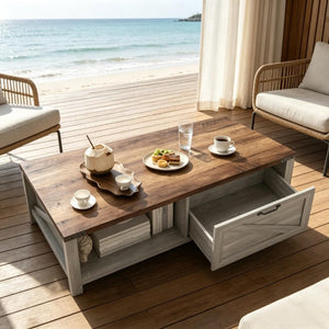 English Elm Functional Farmhouse Coffee Table with Drawer and Open Shelves for Living Room T3971P545783