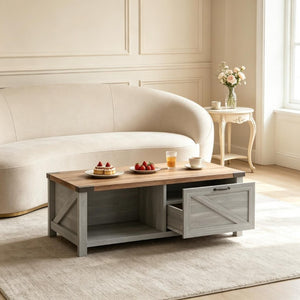 English Elm Functional Farmhouse Coffee Table with Drawer and Open Shelves for Living Room T3971P545783