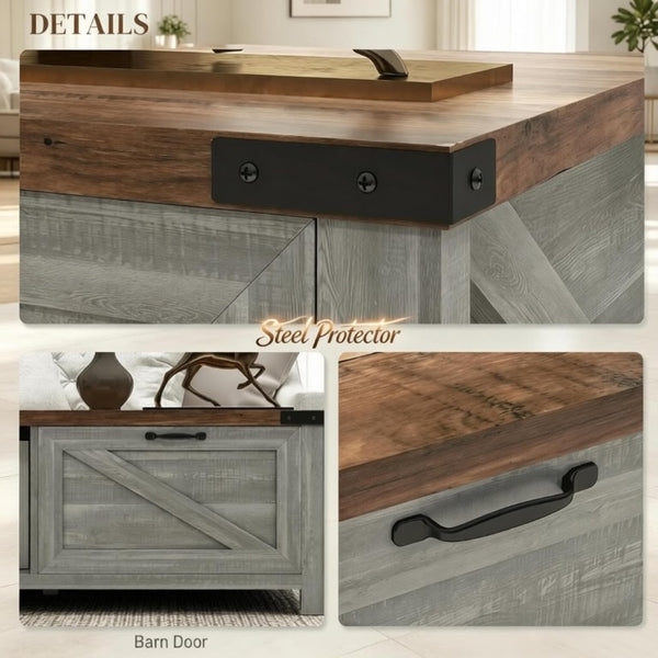 English Elm Functional Farmhouse Coffee Table with Drawer and Open Shelves for Living Room T3971P545783