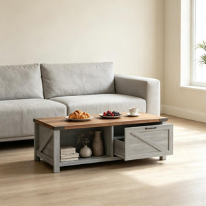 English Elm Functional Farmhouse Coffee Table with Drawer and Open Shelves for Living Room T3971P545783
