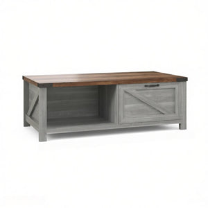 English Elm Functional Farmhouse Coffee Table with Drawer and Open Shelves for Living Room T3971P545783
