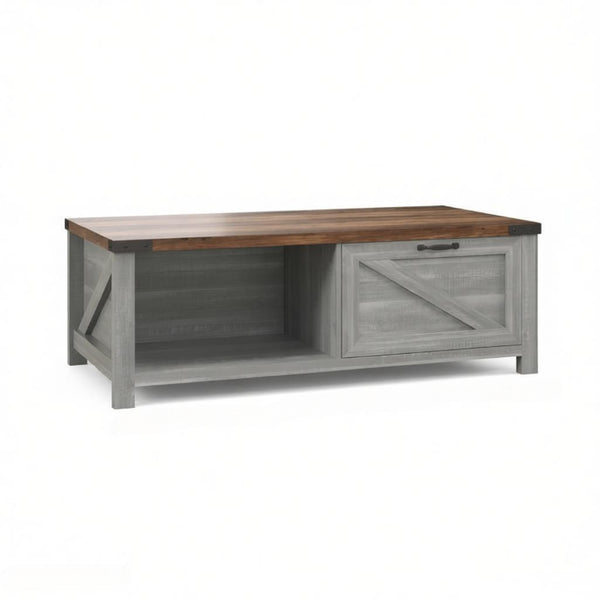 English Elm Functional Farmhouse Coffee Table with Drawer and Open Shelves for Living Room T3971P545783