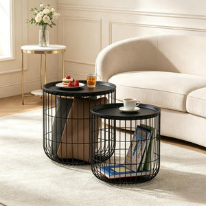 English Elm Modern Steel Wire Nesting Accent Tables with Removable Tops for Living Room Storage T3971P545785