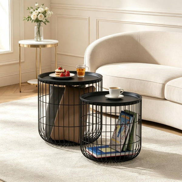English Elm Modern Steel Wire Nesting Accent Tables with Removable Tops for Living Room Storage T3971P545785