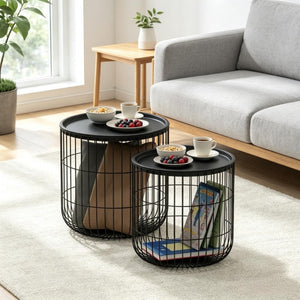 English Elm Modern Steel Wire Nesting Accent Tables with Removable Tops for Living Room Storage T3971P545785