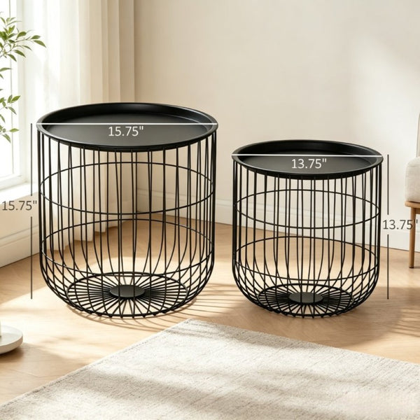 English Elm Modern Steel Wire Nesting Accent Tables with Removable Tops for Living Room Storage T3971P545785
