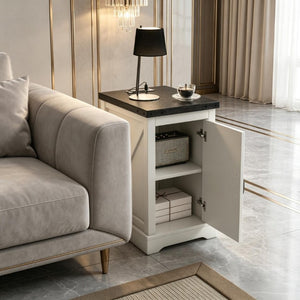 English Elm Multi-Functional Farmhouse Nightstand with Barn Door Cabinet and Built-In Power Hub T3971P545851