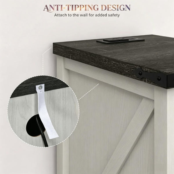 English Elm Multi-Functional Farmhouse Nightstand with Barn Door Cabinet and Built-In Power Hub T3971P545851