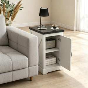 English Elm Multi-Functional Farmhouse Nightstand with Barn Door Cabinet and Built-In Power Hub T3971P545851