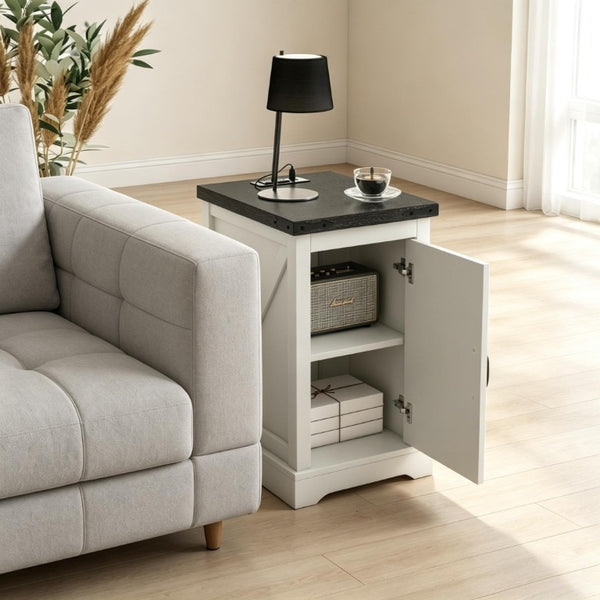 English Elm Multi-Functional Farmhouse Nightstand with Barn Door Cabinet and Built-In Power Hub T3971P545851