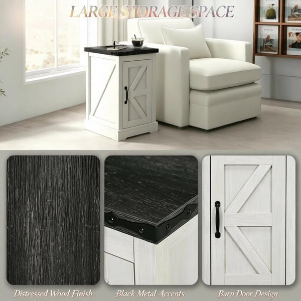 English Elm Multi-Functional Farmhouse Nightstand with Barn Door Cabinet and Built-In Power Hub T3971P545851