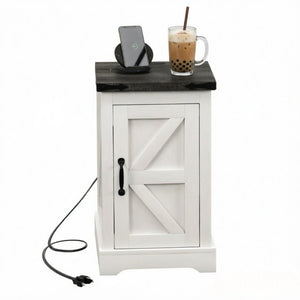 English Elm Multi-Functional Farmhouse Nightstand with Barn Door Cabinet and Built-In Power Hub T3971P545851